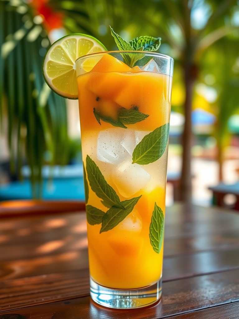 A refreshing Mango Mojito in a glass with ice, mint, mango, and lime, on a tropical background.